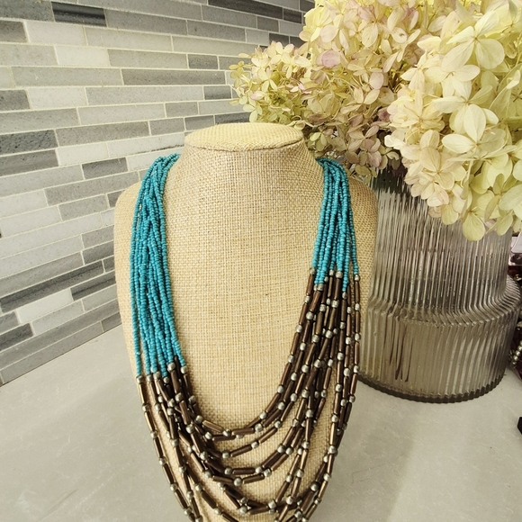 Turquoise and Brown Beaded Necklace - Picture 3 of 6